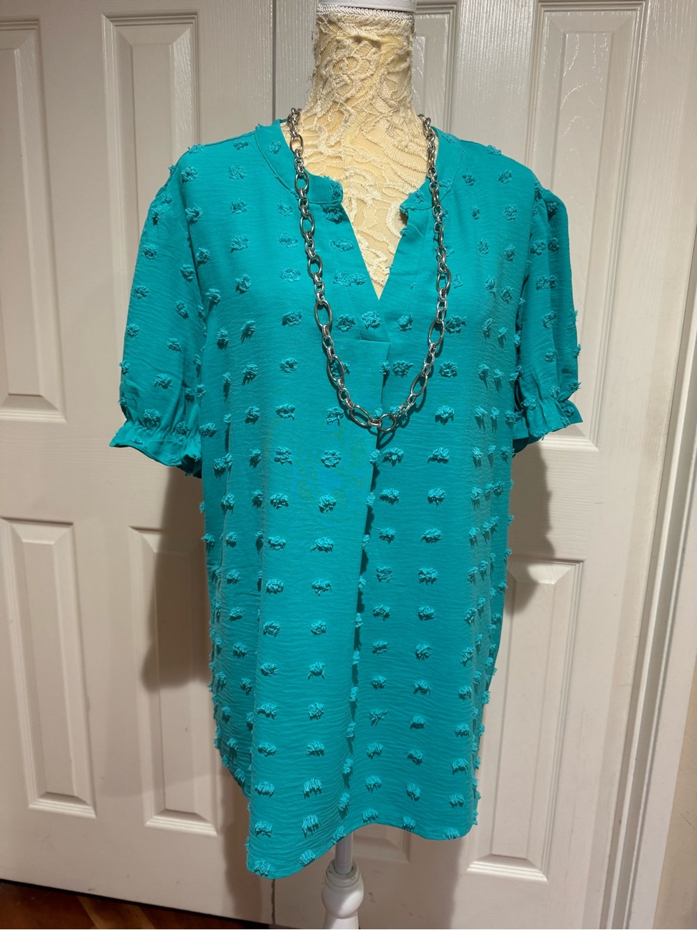 Teal Textured Short-Sleeve Tunic with Notch Neck
